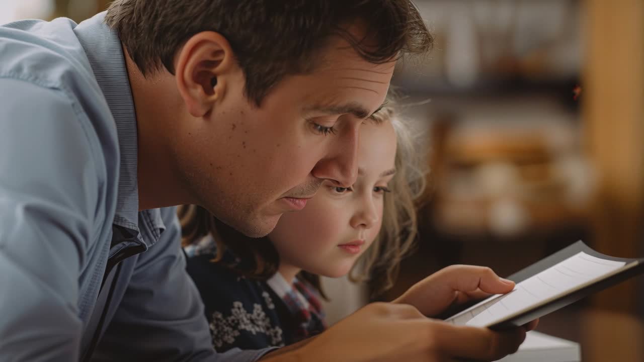 Leaning adult man wearing blue shirt guiding child in patterned sweater at home, tapping tablet