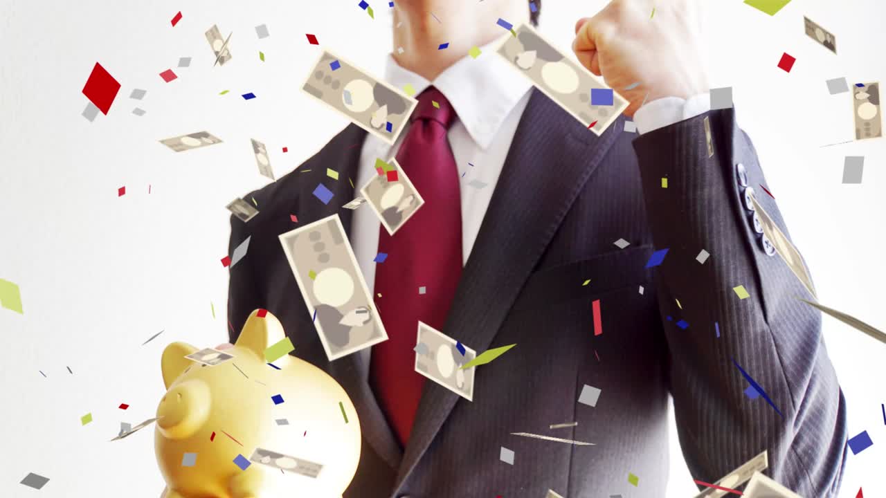 사업가들과 돈이 공중에 날아다니고 있습니다.