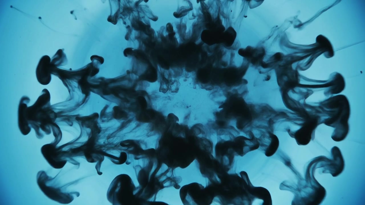 Black Ink Dropping and Expanding in Blue Liquid