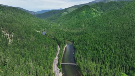 Aerial-View-Of-Lush-Dense-Forest-Surrounding-Lochsa