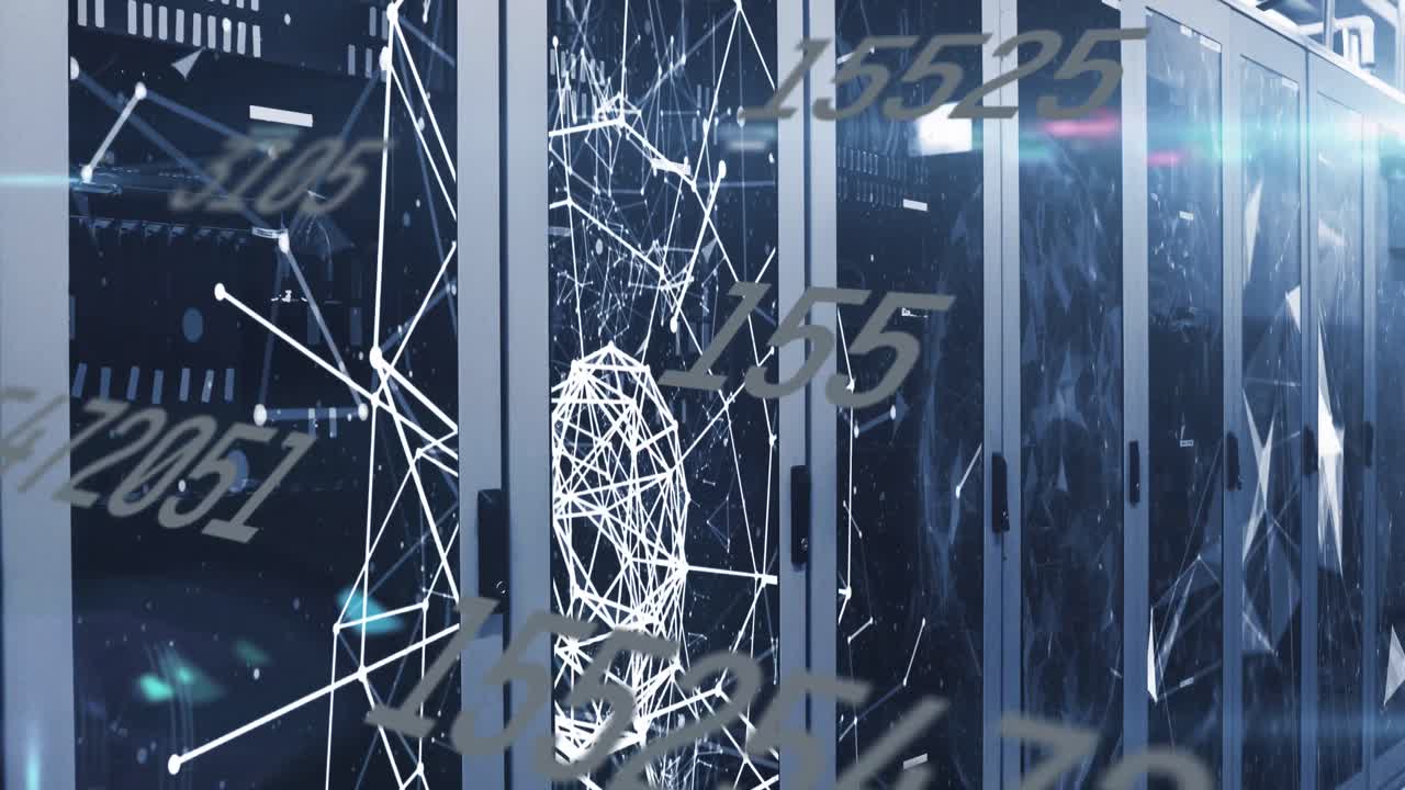 Animation of connections, numbers, data processing over computer servers