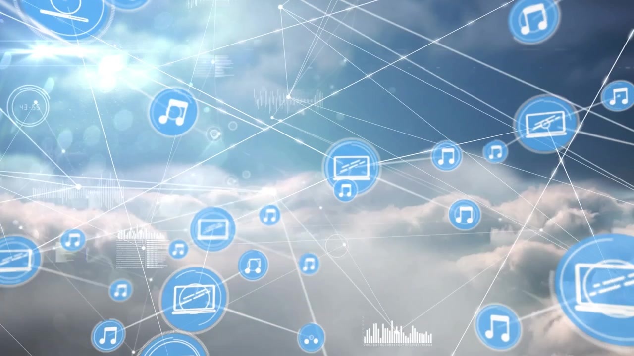 Animation eines Netzwerks von Verbindungen mit Symbolen über Wolken und Himmel