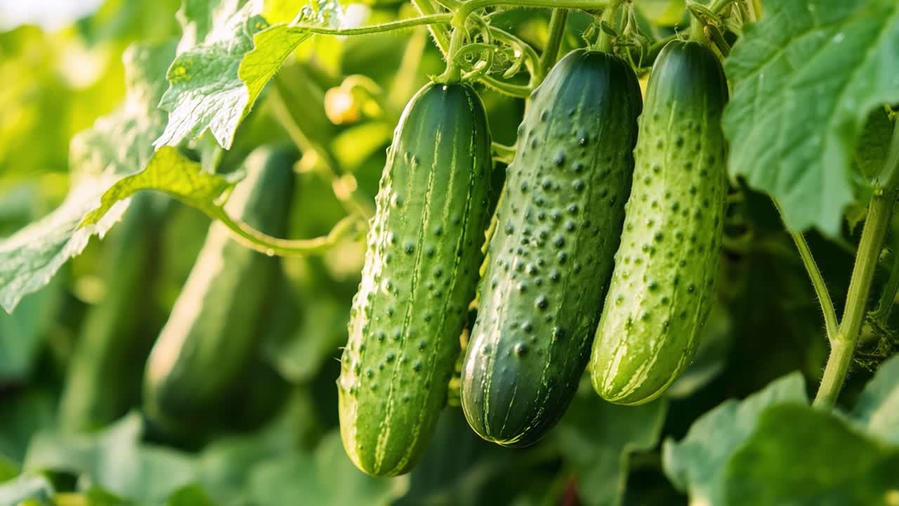 Fresh cucumbers growing in the garden