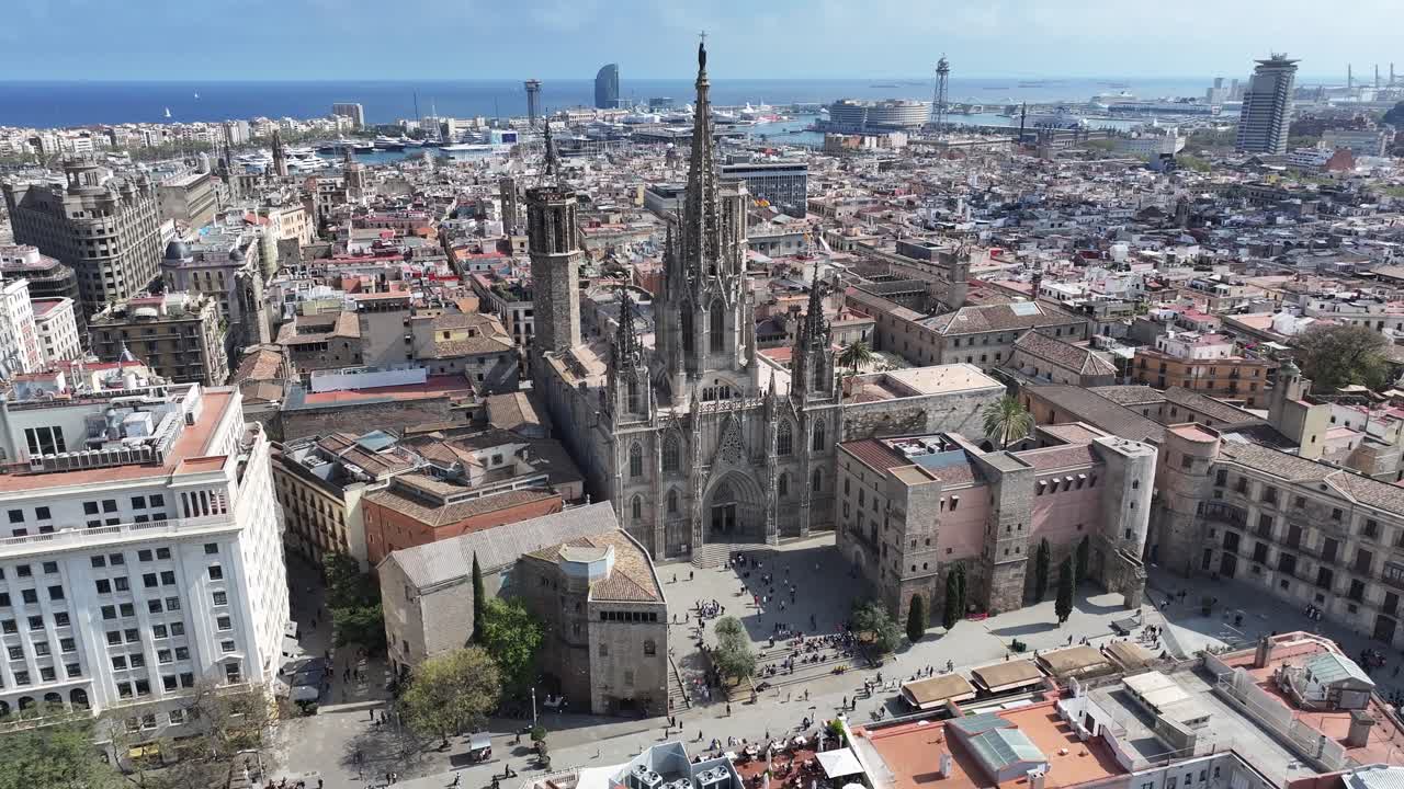 Cathedral Of Barcelona At Barcelona In Catalonia Spain. Medieval Church Scenery. Downtown Cityscape. Barcelona At Catalonia Spain. Cultural Heritage Skyline. Urban Scene.