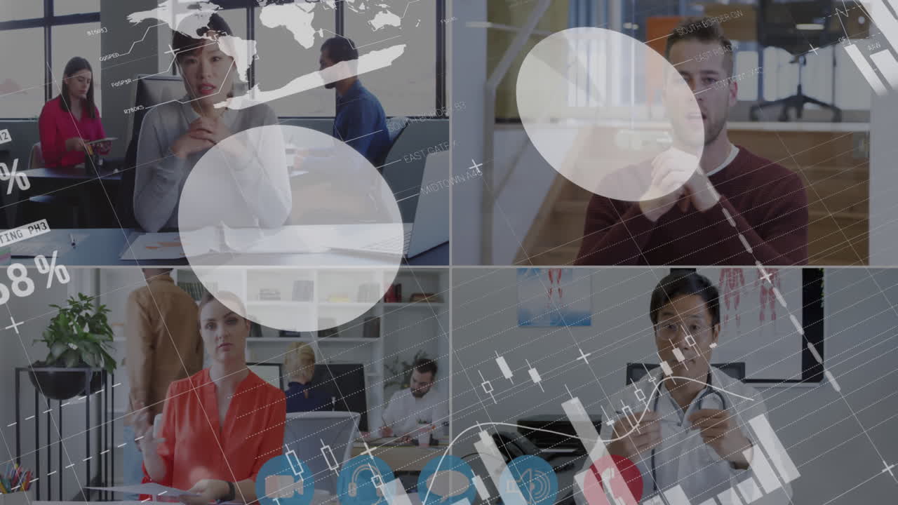 화면에 있는 디지털 인터페이스와 비디오 통화로 대화하는 사람들과의 통계 데이터 처리