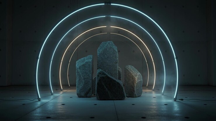 Sequenza di luci che inonda cinque monoliti di ciano, archi di alone caldo in uno studio in cemento con cavi