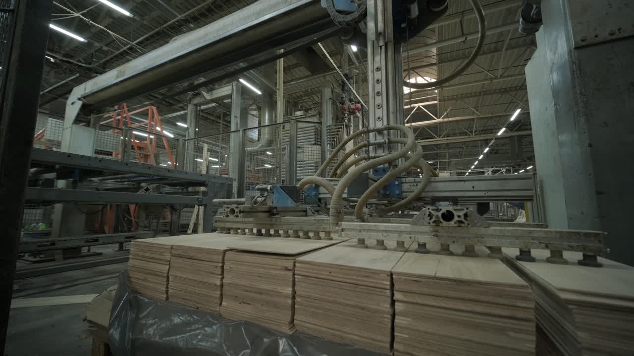 Automated Robotic Arm Lifting Wood Planks in a Factory