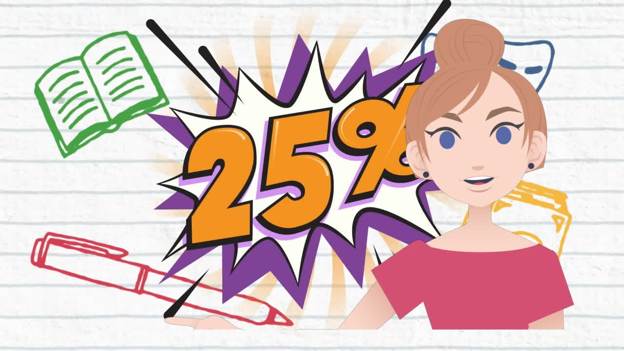 animación de una mujer hablando más del 25 por ciento de texto e iconos escolares