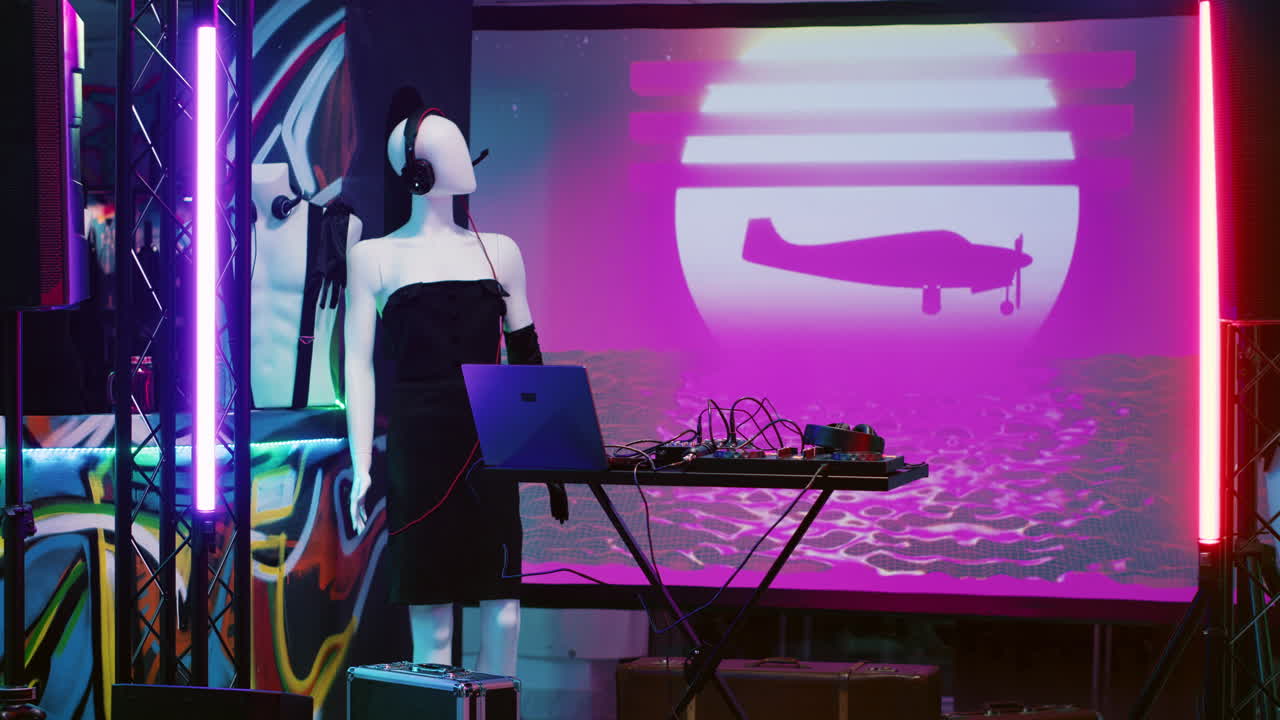 DJ mannequin on stage with synthwave background