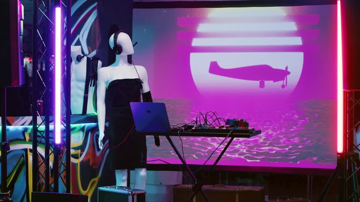 Manichino da DJ sul palco con sfondo synthwave