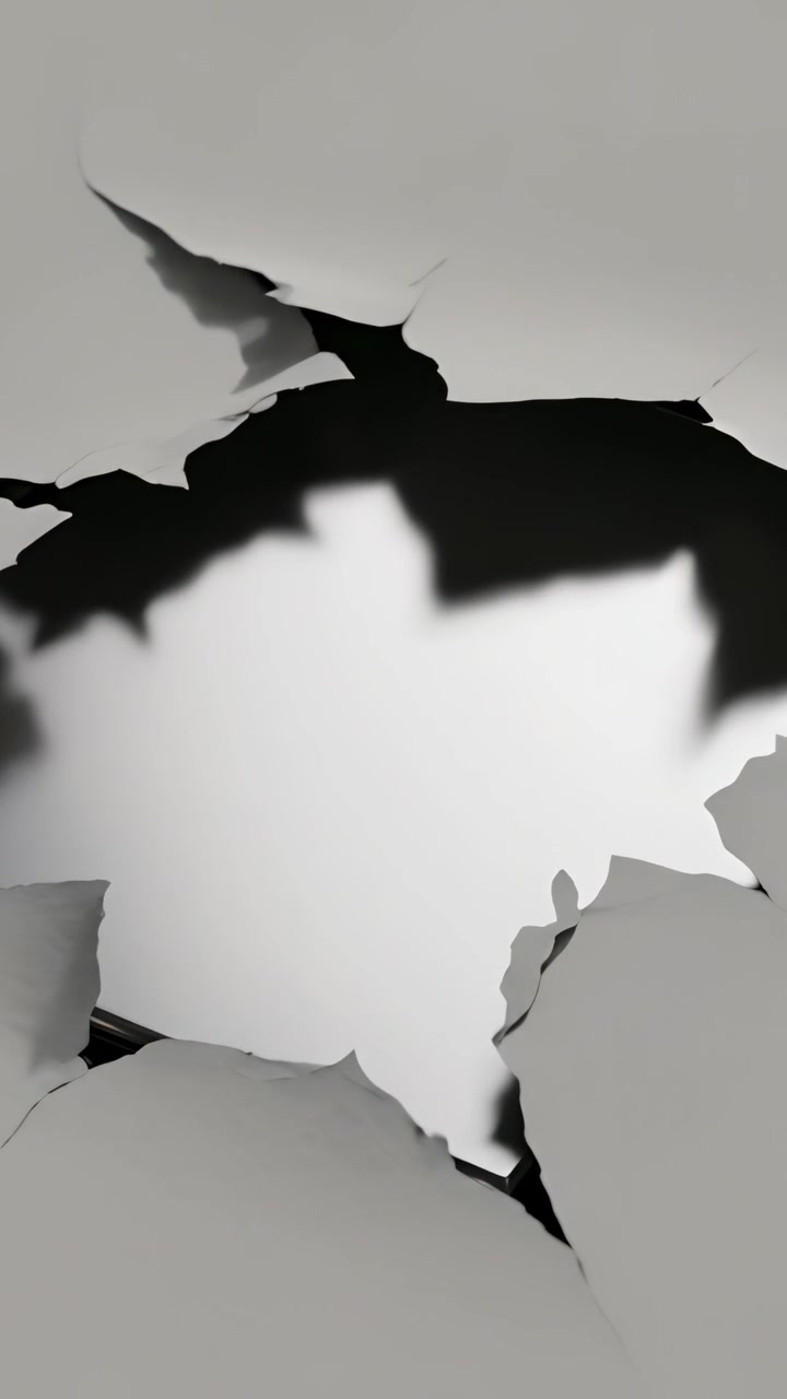 Video verticale: Strappo di un foglio grigio in macro sotto tensione, che rivela un supporto bianco e lembi arricciati.