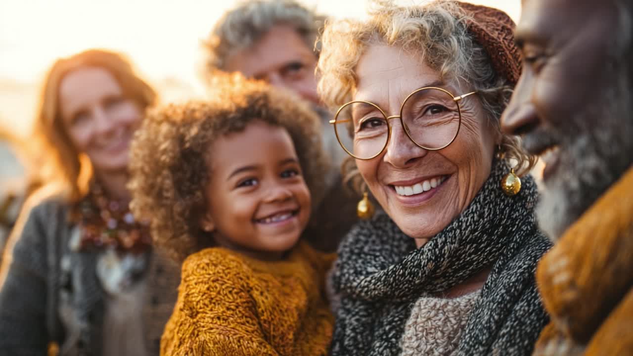 A Heartwarming Moment of Connection: A Child and Grandparent Share Joyful Smiles Against a Beautiful Sunrise, Surrounded by Family in Cozy Autumn Attire