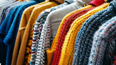 a row of colorful sweaters hanging on a rack in a store