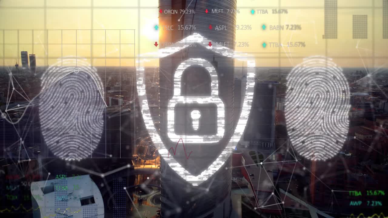 animación del procesamiento de datos y el icono del candado sobre el paisaje urbano