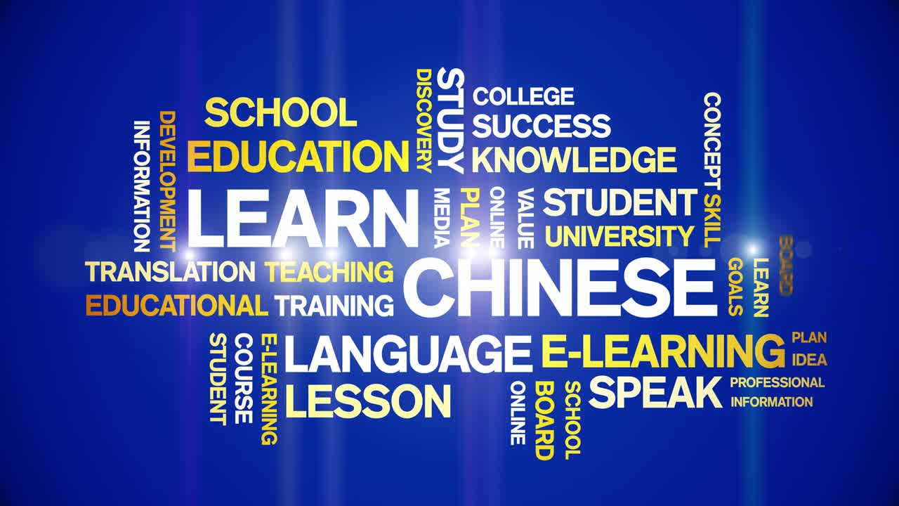 4k 학습 중국어 애니메이션 태그 단어 구름, 텍스트 디자인 애니메이션 원활한 루프