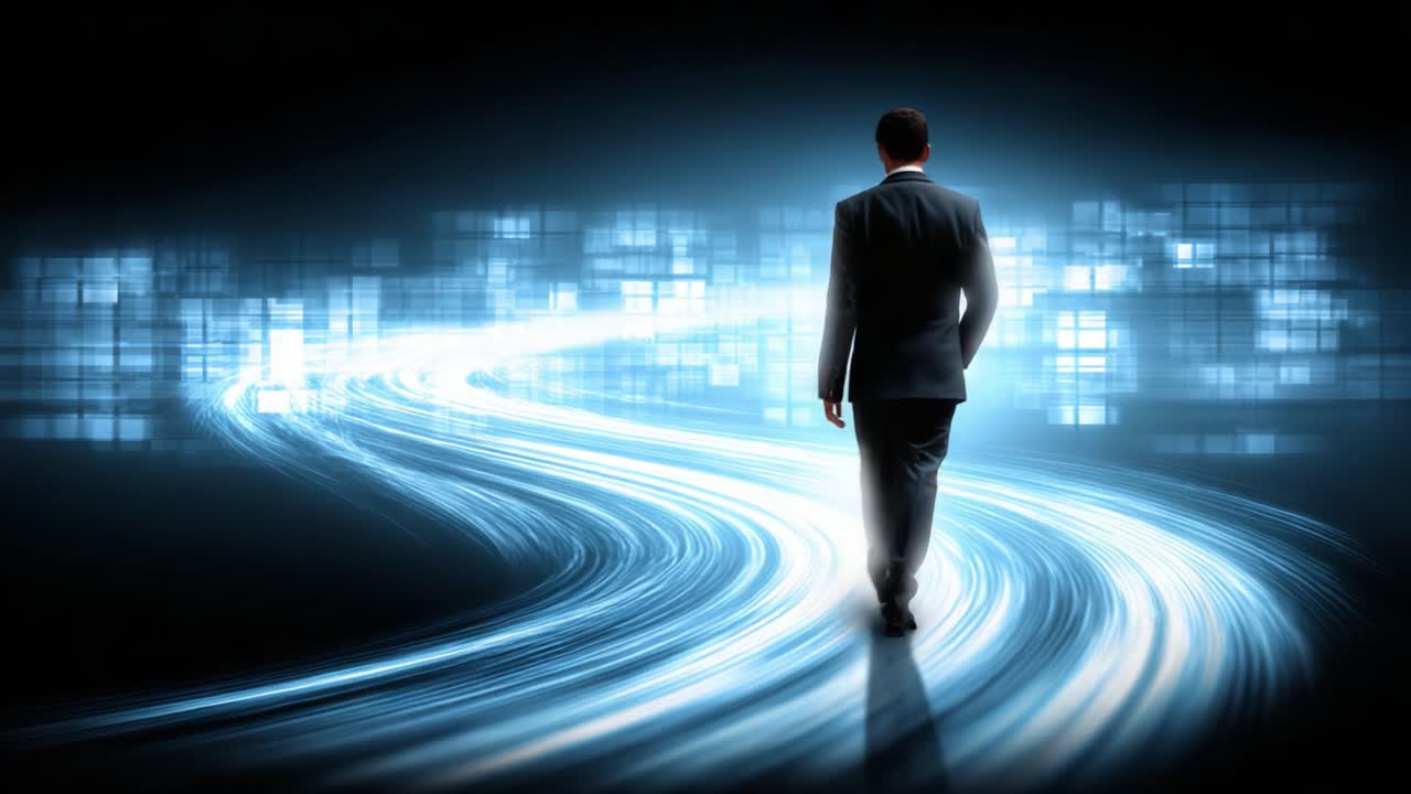 A solitary figure walks along a glowing pathway, illuminated by vibrant blue lights, symbolizing the journey into a digital future filled with possibilities