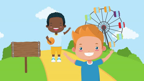 niños interraciales en el parque personajes
