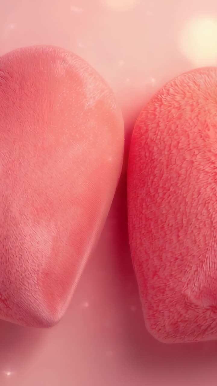 Video verticale: sfere bokeh fluttuanti che scorrono da destra a sinistra su sfondo rosa, rivelando due peluche