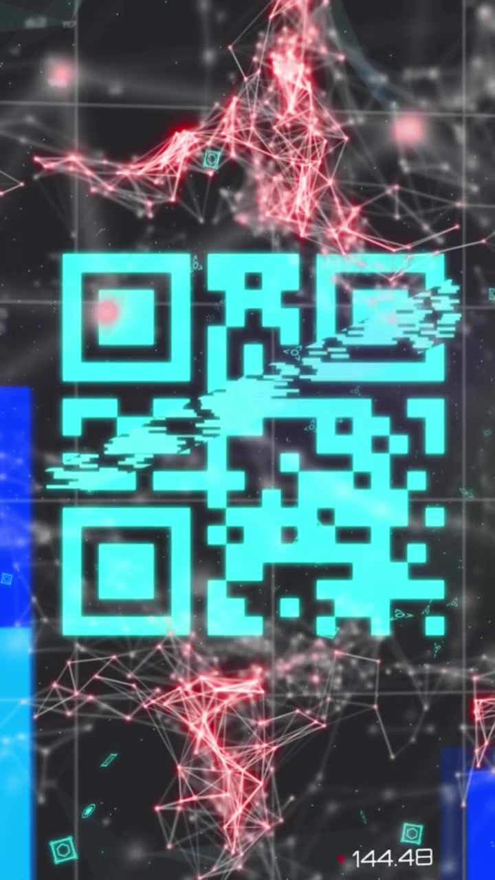 A blue qr code is superimposed over a red web of connections