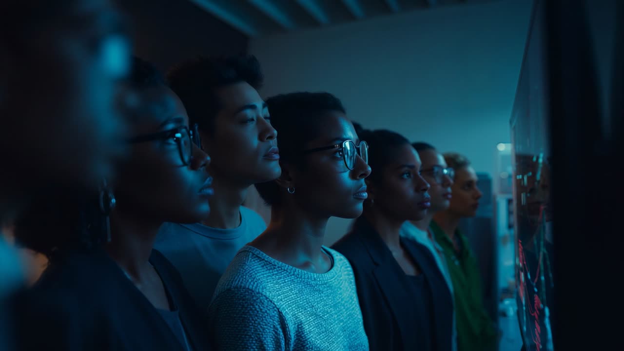 Entering frame, six analysts standing in dark data analysis lab, analyzing data on digital wall