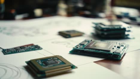 In a focused workshop atmosphere, various circuit boards and chip components lie on a table surrounded by design sketches. Tools and parts reflect a hands-on approach to technology.