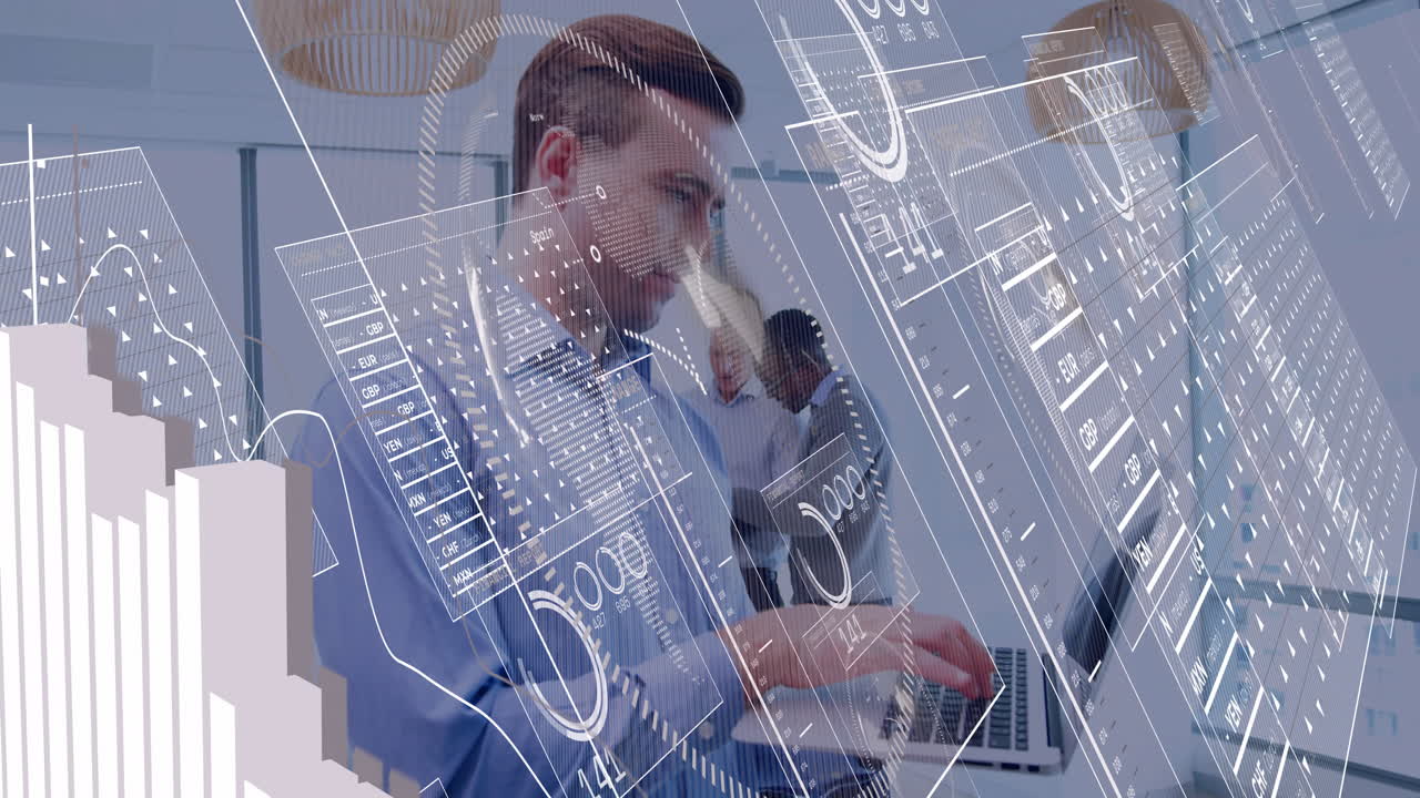 business team collaborating in modern office, showcasing floating data charts and digital graphs