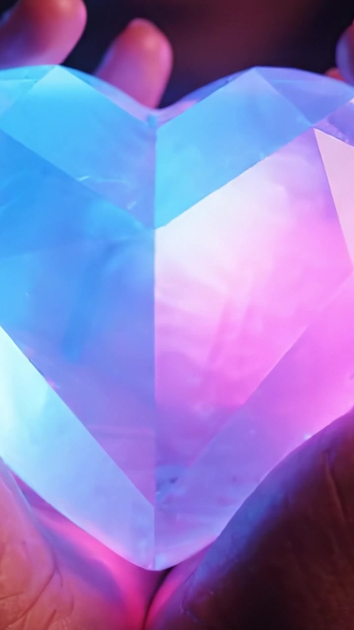 Cuore di Cristallo Illuminato tra le Mani: Uno Spettacolare Gioco di Colori e Luce Catturato in Due Fotogrammi, Che Esalta la Bellezza dell'Arte Traslucida e della Connessione Emotiva