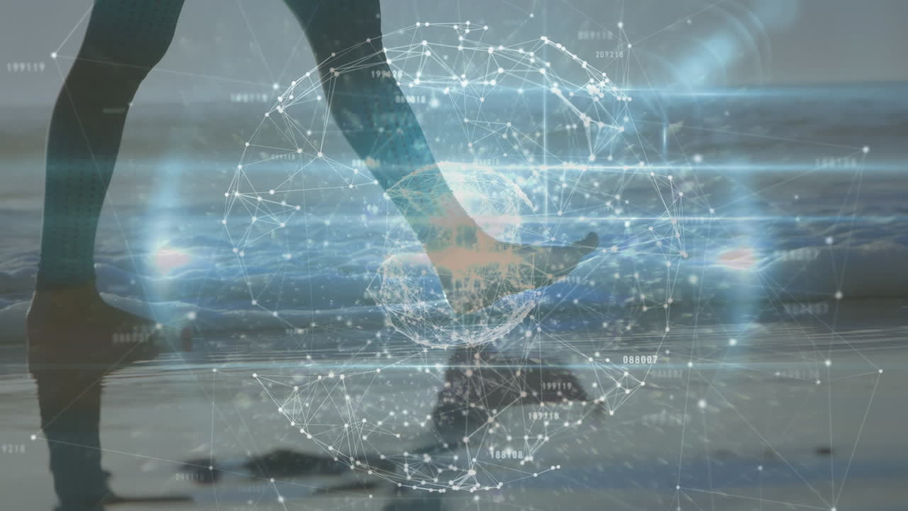 해변에서  ⁇ 고 있는 백인 여성에 대한 전 세계와의 연결 네트워크의 애니메이션