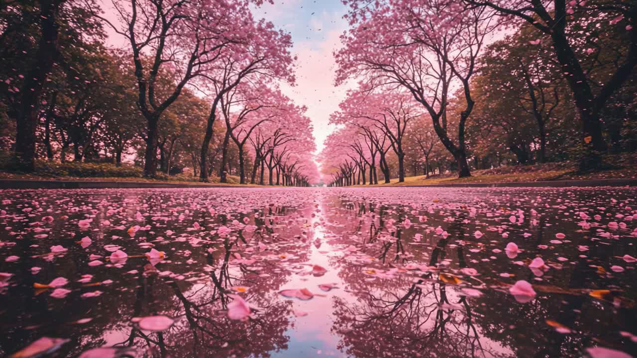 Stunning Reflections of Cherry Blossoms Framing a Serene Pathway, with Pink Petals Adorning the Ground and a Dreamy Sky Above in a Tranquil Natural Setting