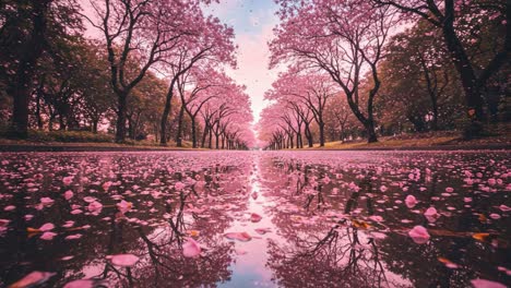 stunning reflections of cherry blossoms framing a serene pathway, with pink petals adorning the ground and a dreamy sky above in a tranquil natural setting