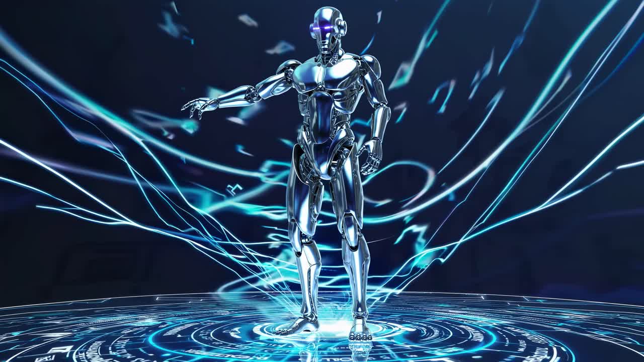 メタリックな人型ロボットをフィーチャーした未来的な動画コンセプト