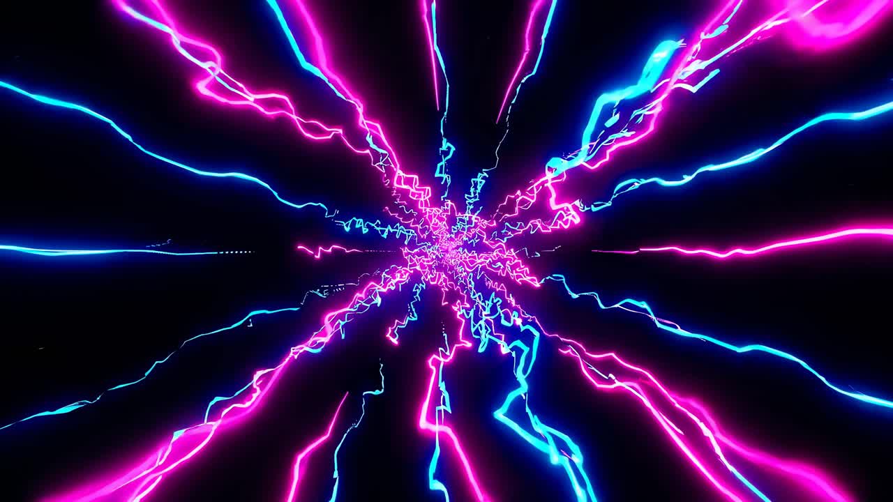 Dynamic video of neon pink and blue light trails converging in a tunnel effect