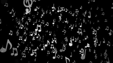 white musical notes move to the camera on a black background