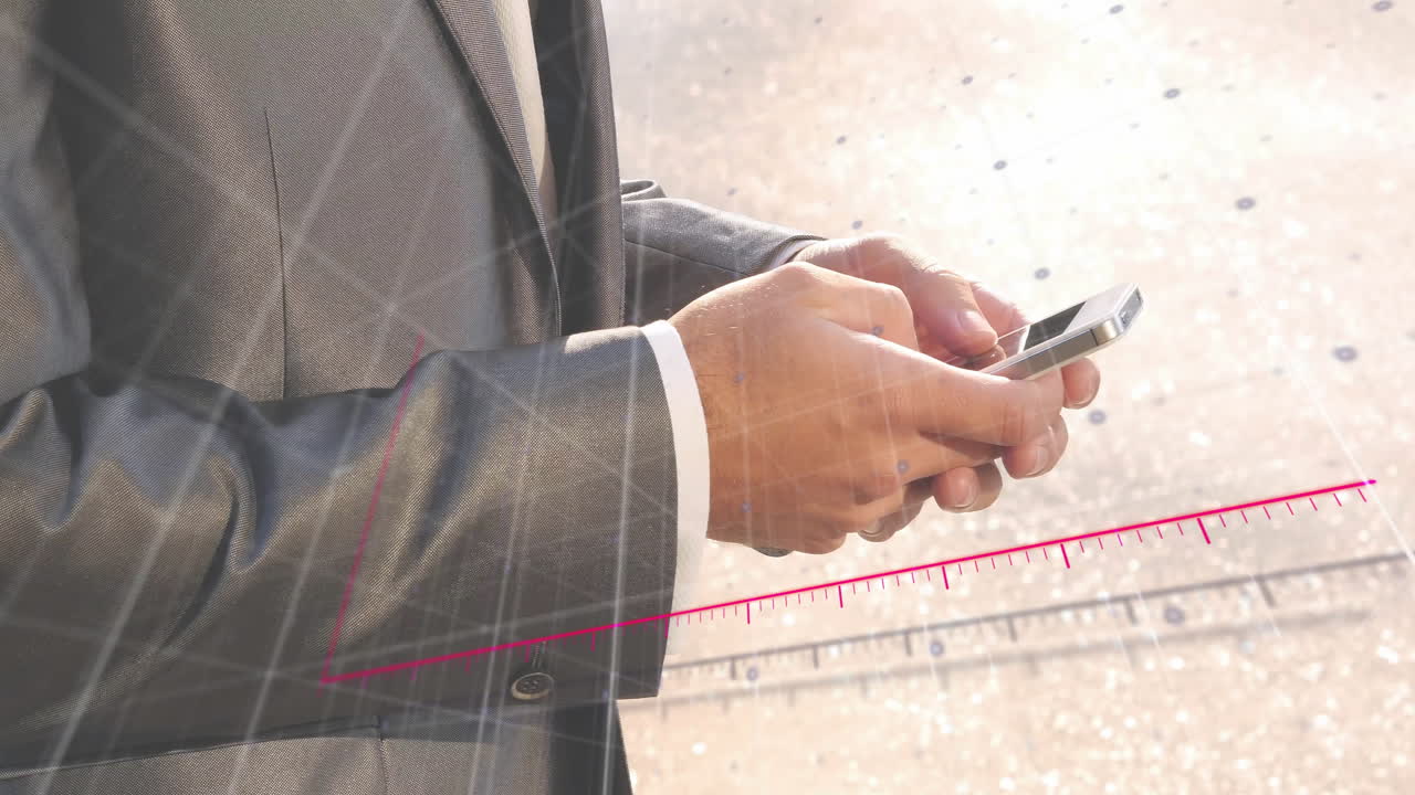 스마트폰을 사용하는 카우카스계 사업가에 대한 금융 데이터 처리 애니메이션