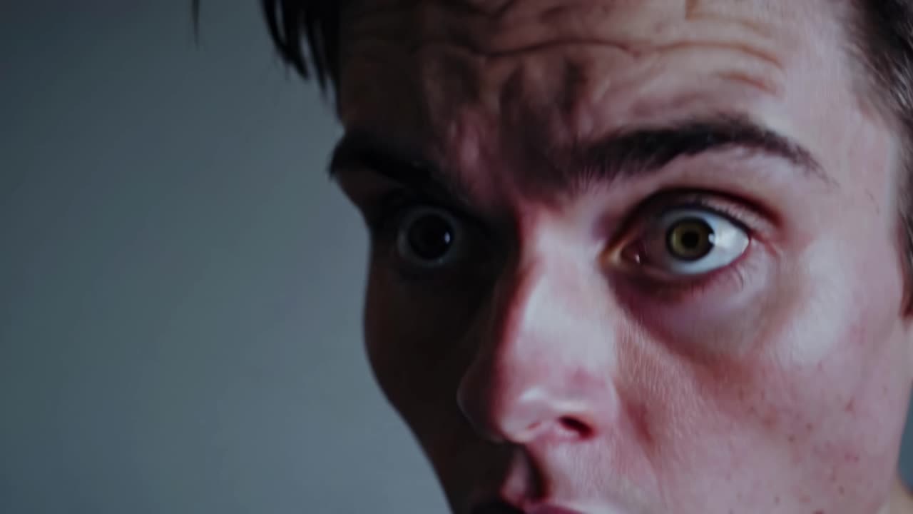 Close-up video shot of a surprised person with wide eyes, capturing intense emotion