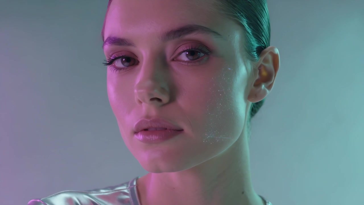 Closing eyes, woman opening, turning gaze in studio, silver top, particles forming overlay marker