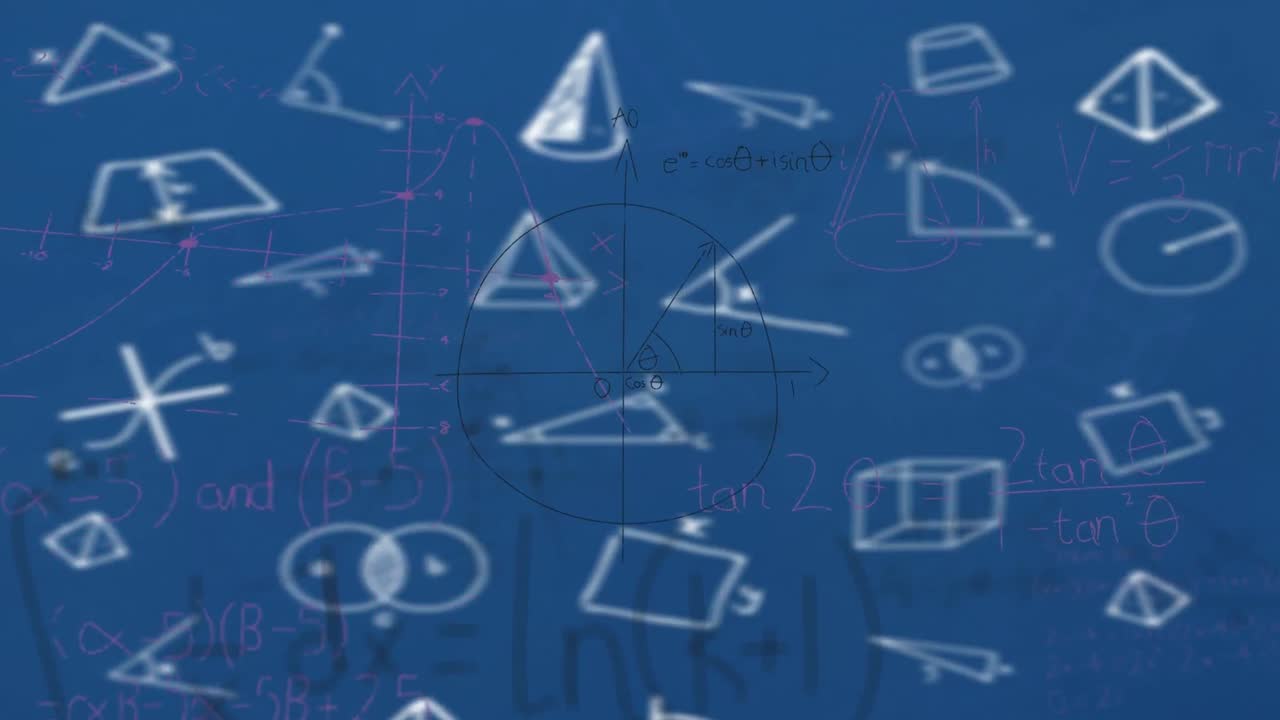 animación de ecuaciones matemáticas y formas sobre fondo azul