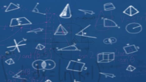Animation-of-mathematical-equations-and-shapes-on-blue-background