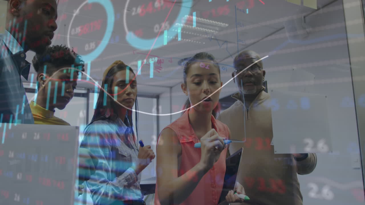 Animation of financial data processing over diverse business people working at office