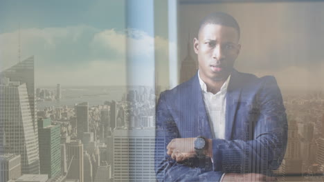 animation of african american businessman over cityscape