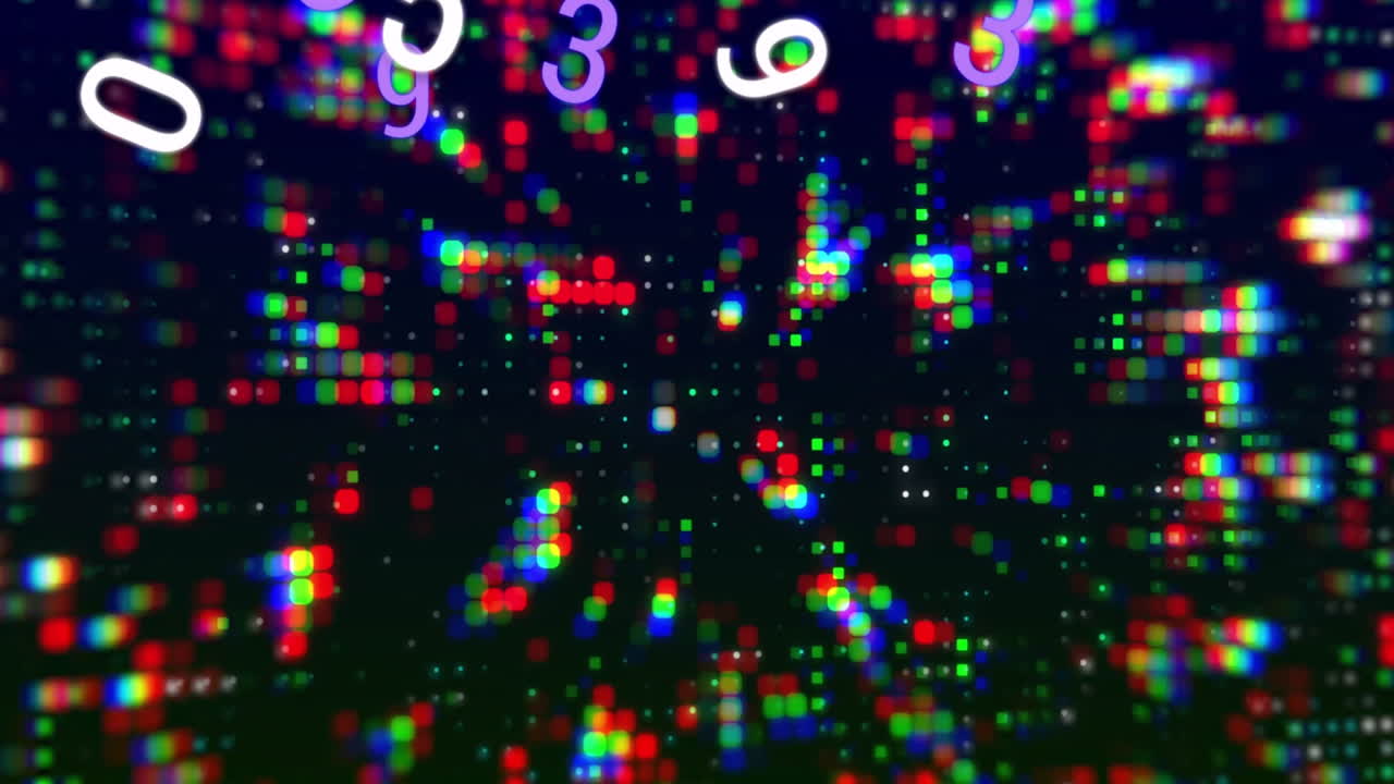 Animation with colorful digital numbers floating over vibrant pixelated background
