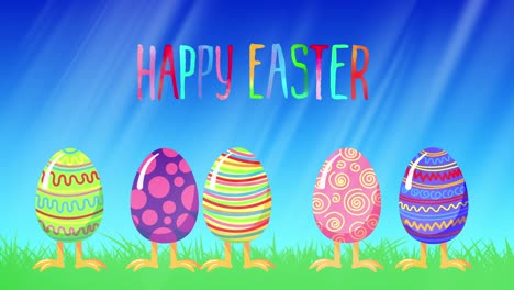 cartoon crazy jumping eggs in a green grass. happy easter lettering. greeting loop animation