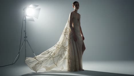 elegance in motion: a seamless transition between frames capturing a model draped in a flowing, ethereal garment beneath studio lighting