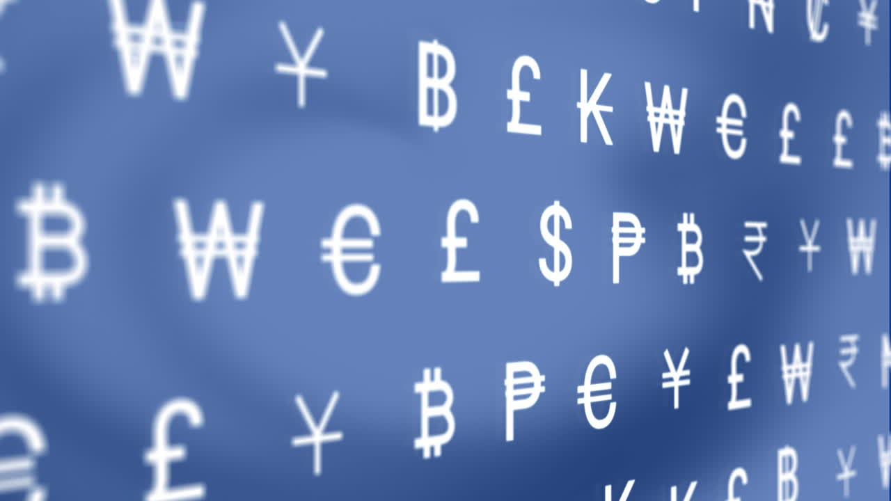 Animation of currency symbols over blue background