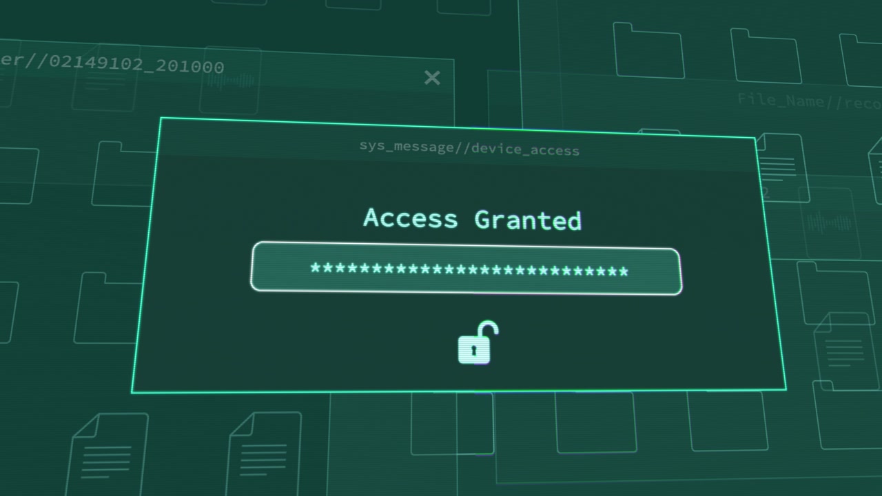 Close up on computer screen system requesting user password typing correct answer and access is granted. Hacker breaking into government agency server. Person ingesting password into secured laptop