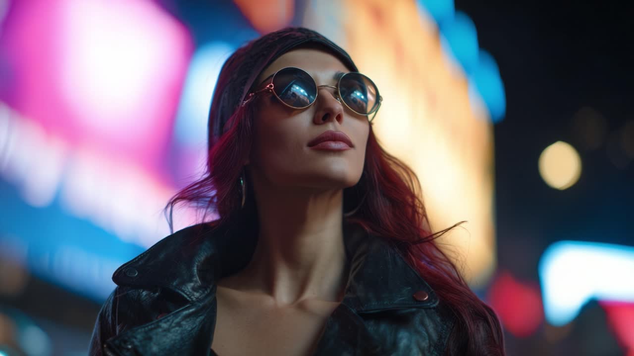 A confident woman wearing sunglasses and a leather jacket gazes into the distance, framed by vibrant neon lights in a bustling urban environment at night