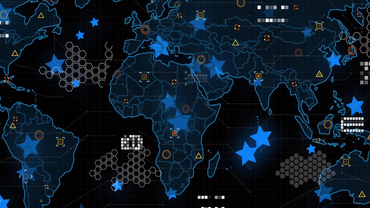 Digital animation of blue star icons over data processing and world map against black background