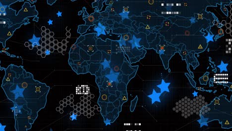 animación digital de iconos de estrellas azules sobre procesamiento de datos y mapa del mundo contra fondo negro