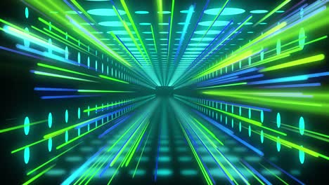 Animation-of-blue-and-green-neon-light-trails-in-digital-tunnel-of-spots-over-black-background