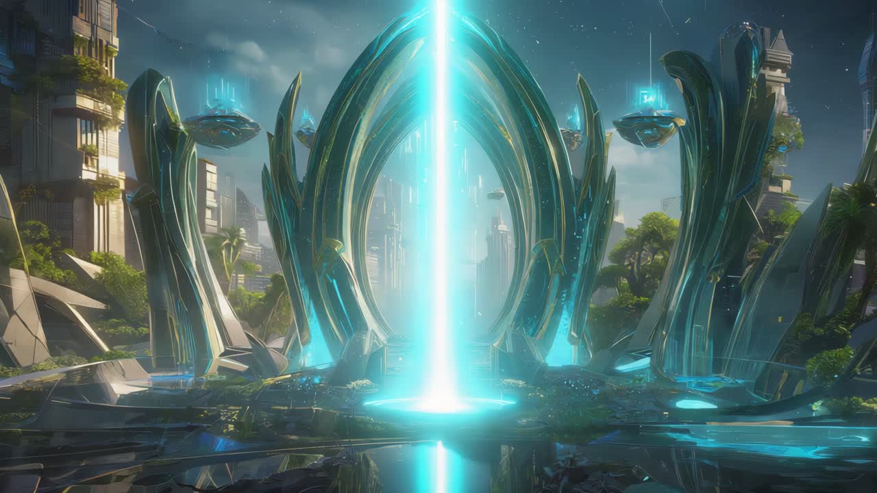 Futuristic City with Central Light Beam